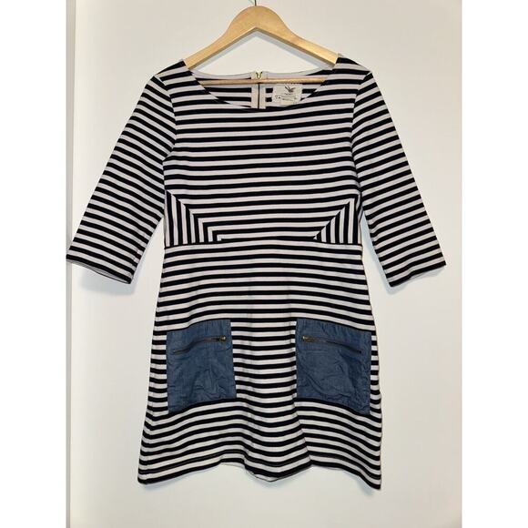 Tabitha Anthropologie Size 8 Marin Striped Sheath Dress Blue White 3/4 Sleeve - Picture 1 of 9